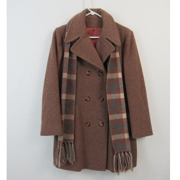 Vintage Union Made Wool Pea Coat Brown Knee Length Plaid Scarf 80's VTG - Picture 1 of 12